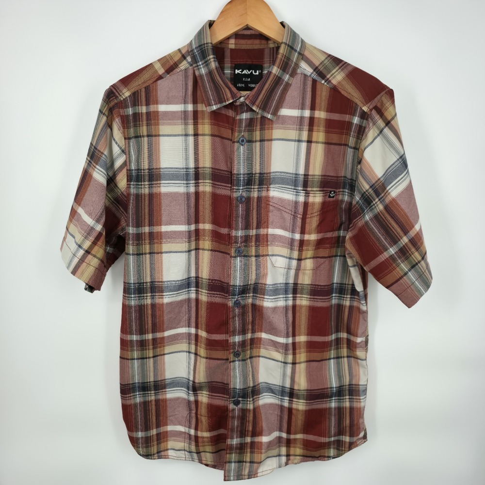 KAVU Men's Short Sleeve Button Up Red White Plaid Size Medium Lightweight - Picture 2 of 8